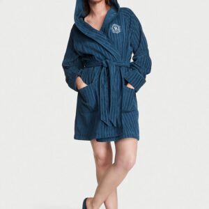 Короткий махровый халат с капюшоном Victoria’s Secret, колір синій, розмір XS/S