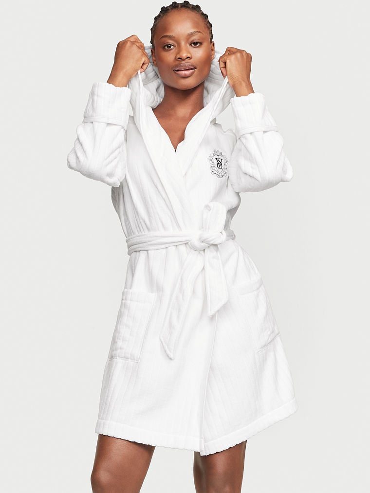 Короткий махровый халат с капюшоном Victoria’s Secret, колір білий , розмір M/L - Зображення 3