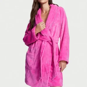 Плюшевый халат Summer Pink Logo Short Cozy Robe Victoria’s Secret, розмір XS/S, рожевий