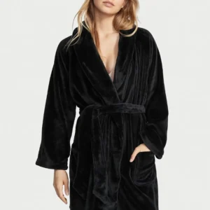 Плюшевый халат Summer Black Logo Short Cozy Robe Victoria’s Secret, розмір XS/S, чорний