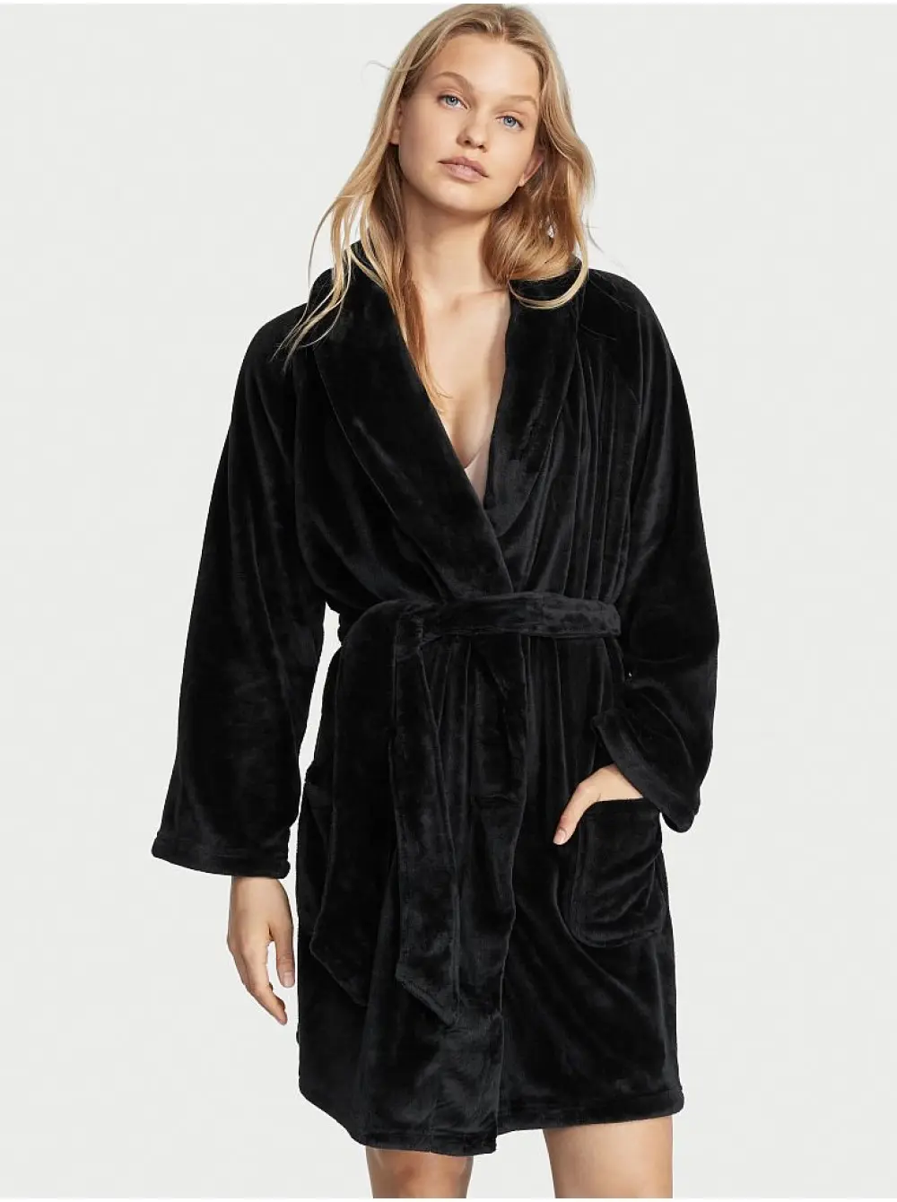 Плюшевый халат Summer Black Logo Short Cozy Robe Victoria’s Secret, розмір XS/S, чорний