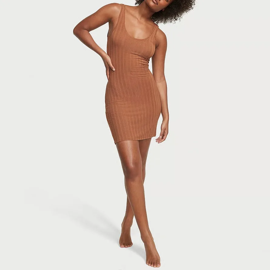Нічна сорочка-сукня Victoria's Secret Luxe Modal Ribbed Slip бежева