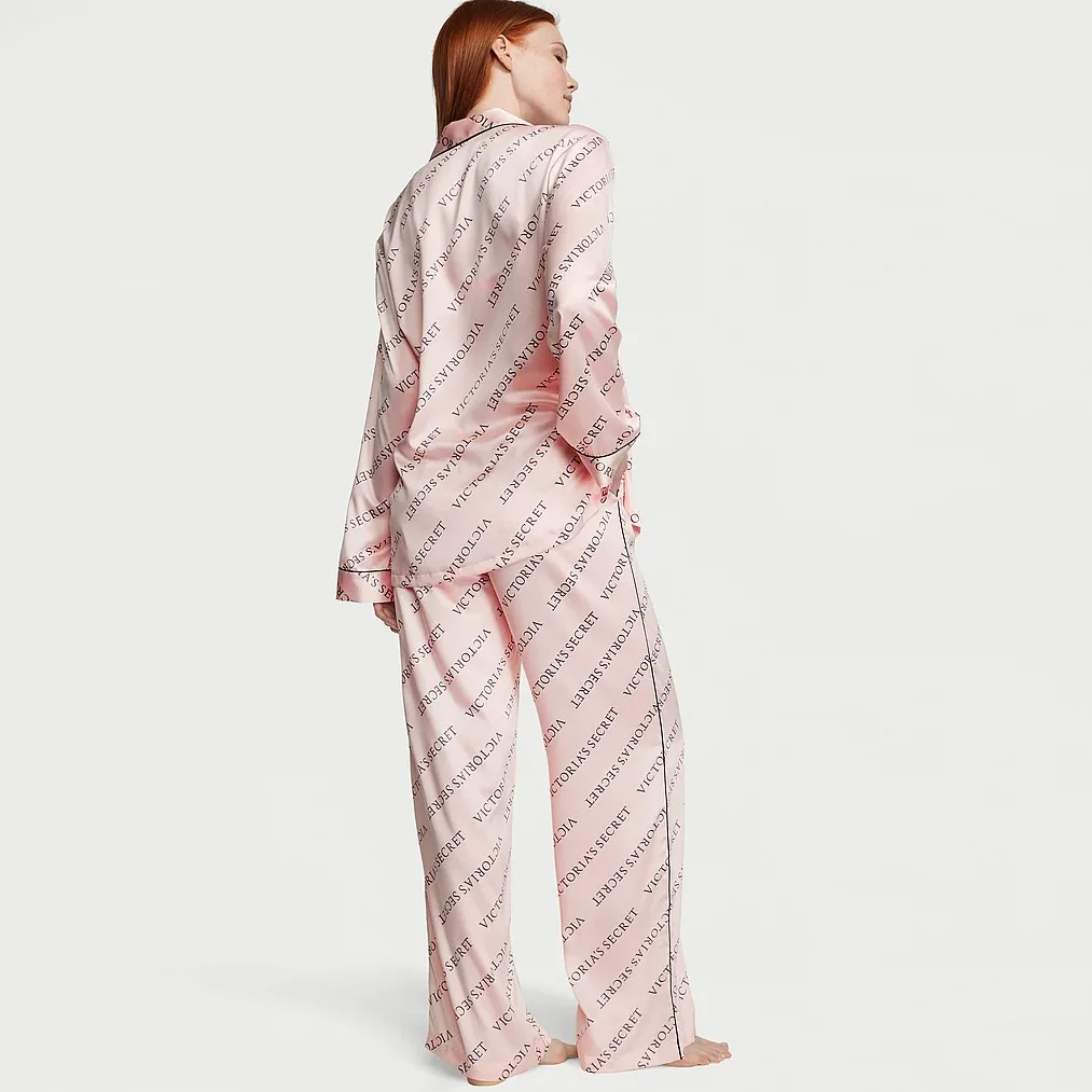 Атласна піжама зі штанами Satin Long PJ Set (розмір S, рожева з принтом), Victoria's Secret
