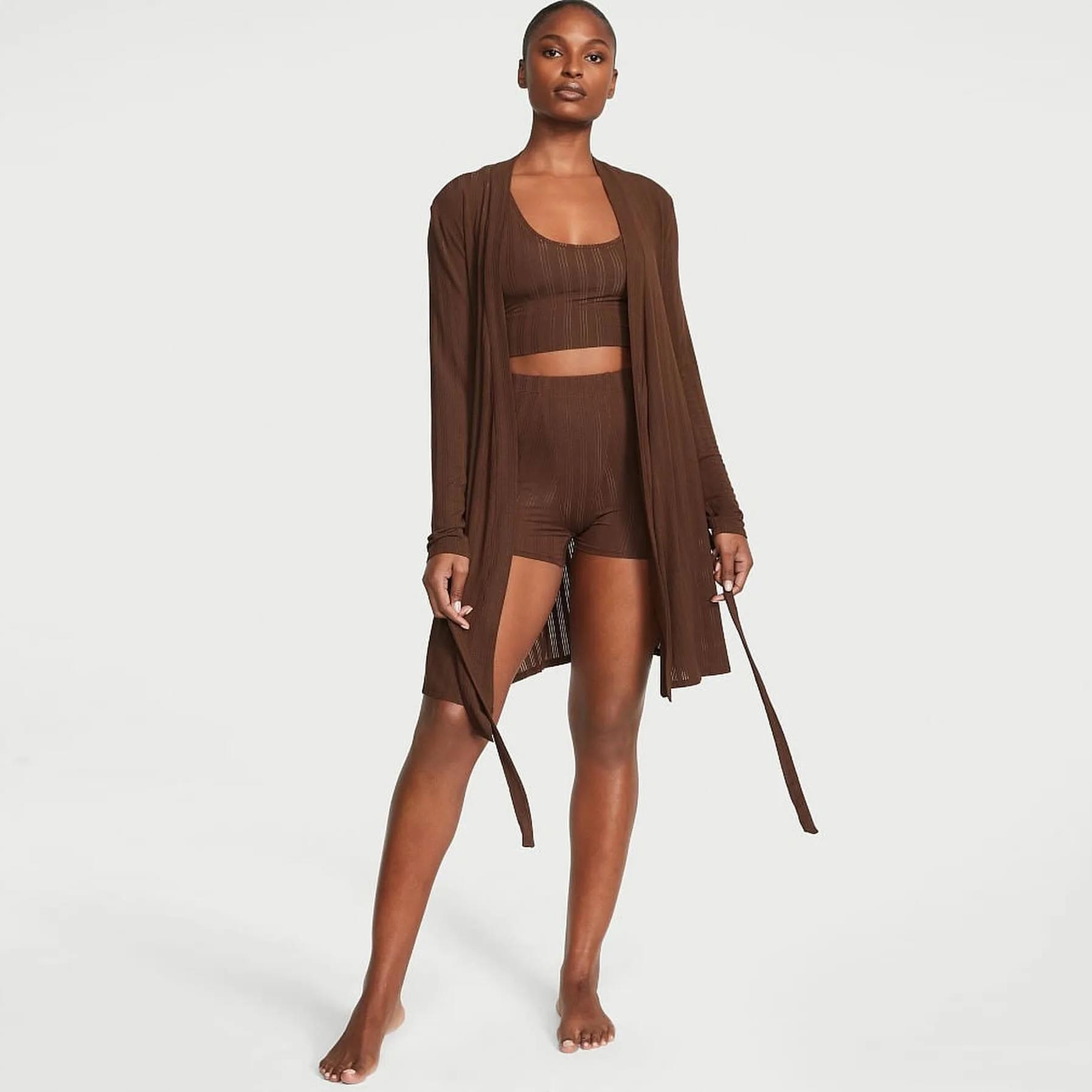 Комплект з шортами Luxe Modal Ribbed 3-Piece Set коричневий, Victoria's Secret