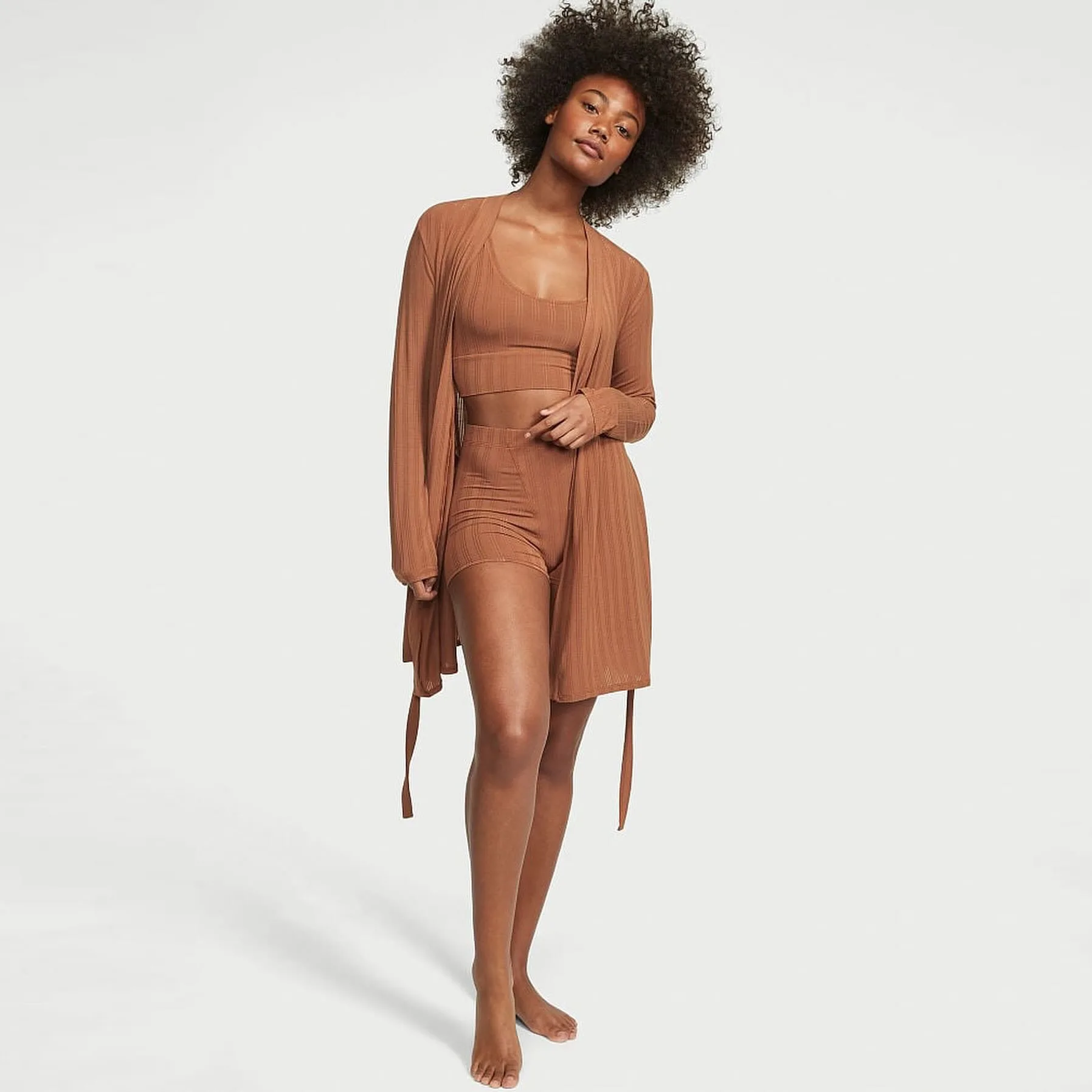 Комплект з шортами Luxe Modal Ribbed 3-Piece Set бежевий, Victoria's Secret