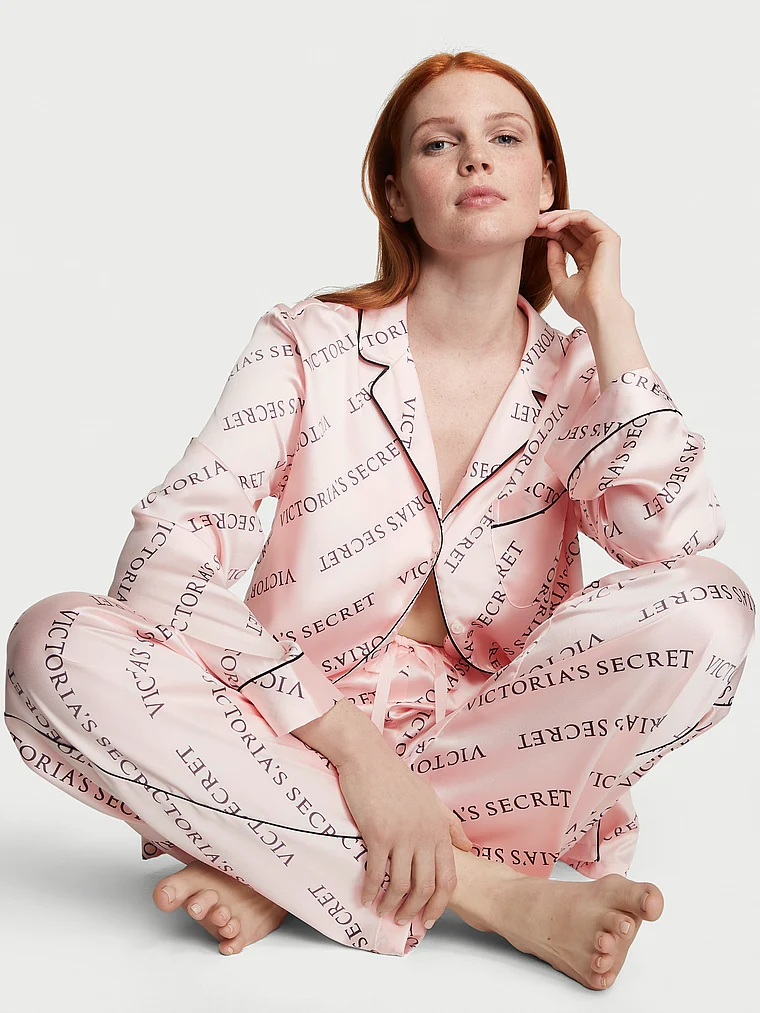 Атласна піжама зі штанами Satin Long PJ Set (розмір S, рожева з принтом), Victoria's Secret - Зображення 5