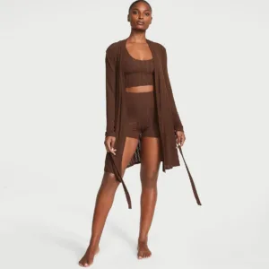 Комплект з шортами Luxe Modal Ribbed 3-Piece Set коричневий, Victoria's Secret