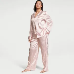 Атласна піжама зі штанами Satin Long PJ Set (розмір M, рожевий у смужку), Victoria's Secret
