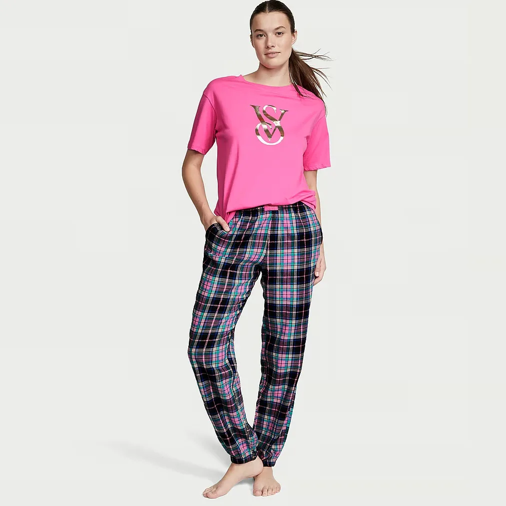 Піжама футболка з фланелевими штанами Cotton & Flannel (розмір S, рожева в клітинку), Victoria's Secret