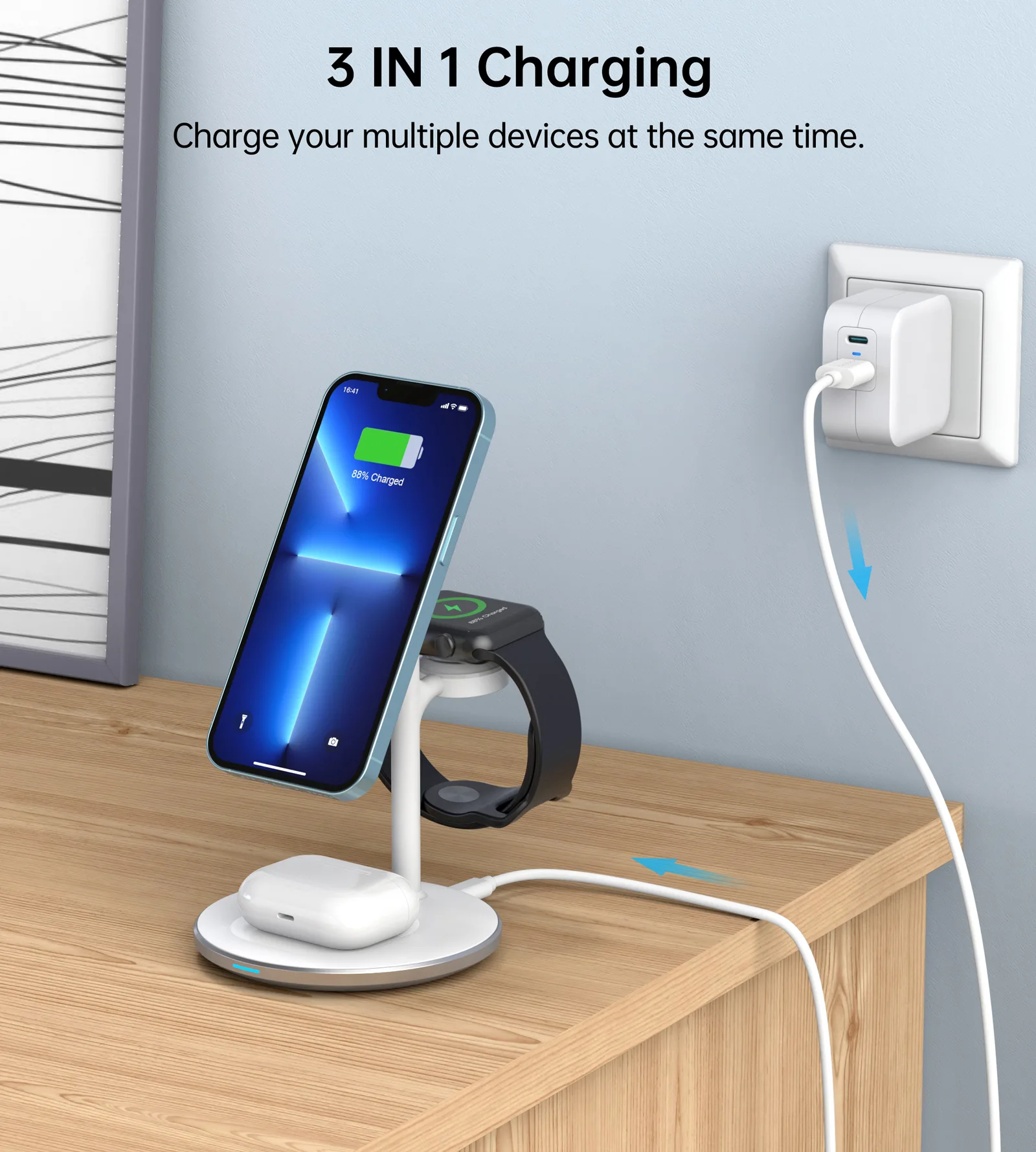 Зарядний бездротовий пристрій Choetech Magnetic 3 in 1 magnetic Wireless Charging Stand White - Зображення 3