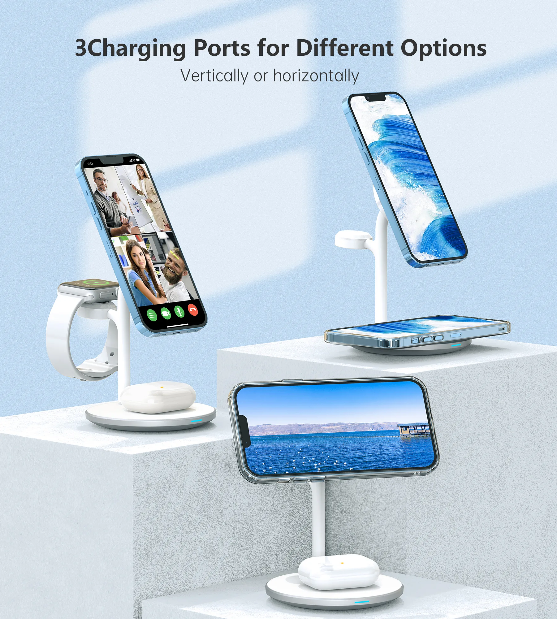 Зарядний бездротовий пристрій Choetech Magnetic 3 in 1 magnetic Wireless Charging Stand White - Зображення 5
