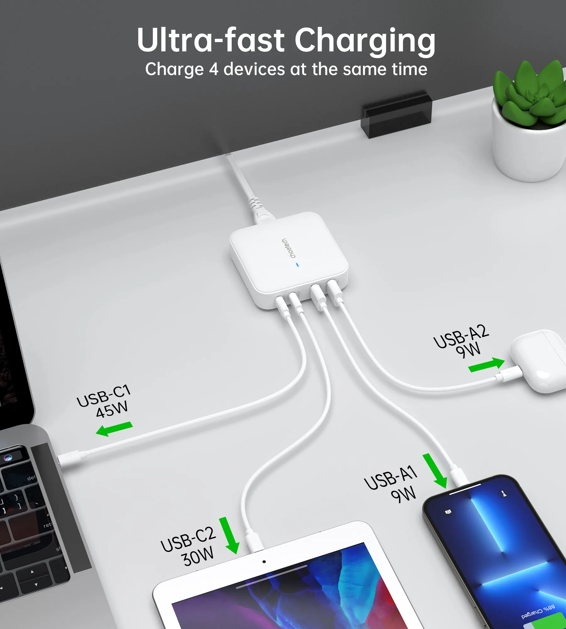 Зарядний пристрій Choetech PD 100W GaN desktop 2C+2A Charger White - Зображення 3
