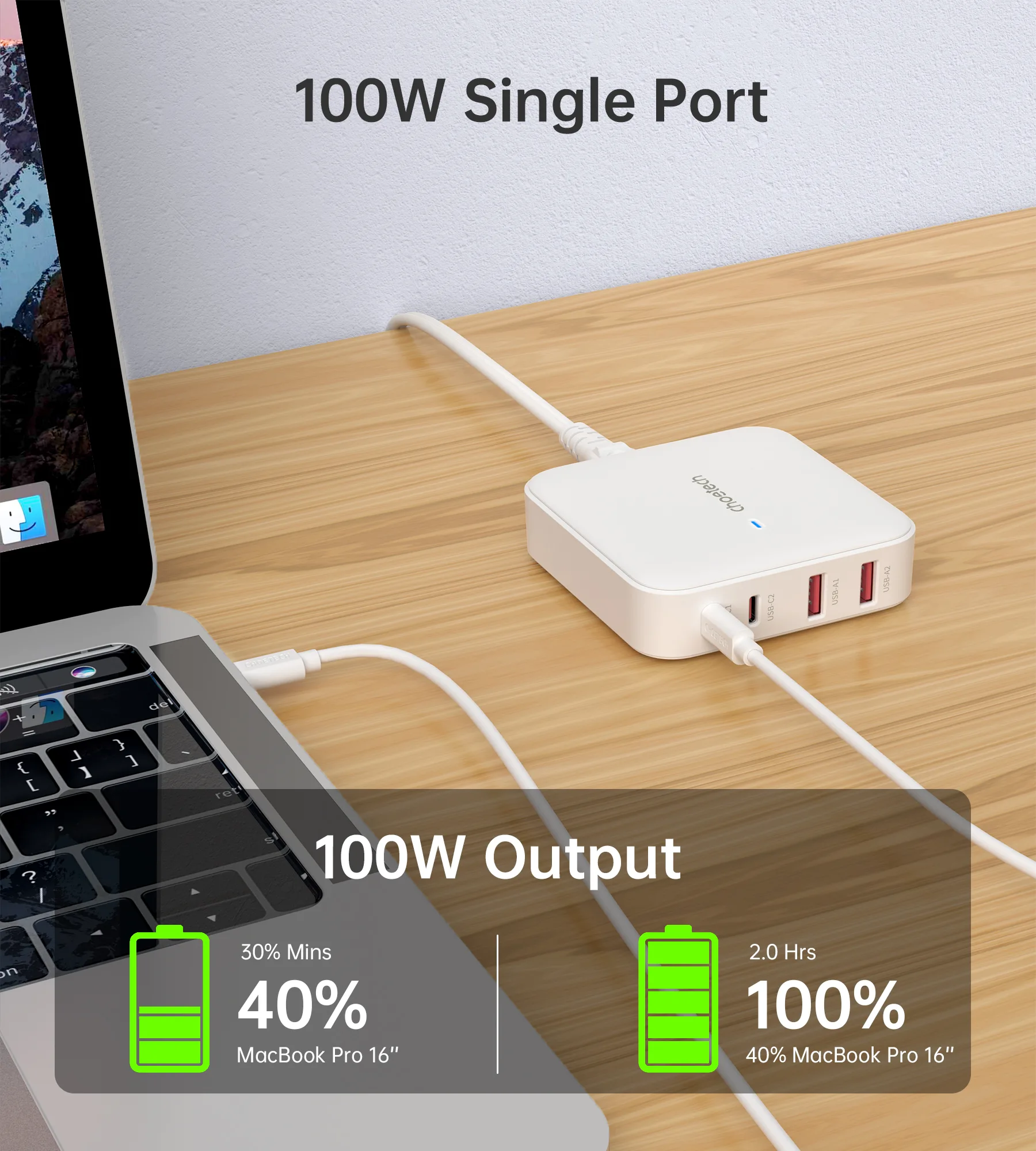 Зарядний пристрій Choetech PD 100W GaN desktop 2C+2A Charger White - Зображення 5