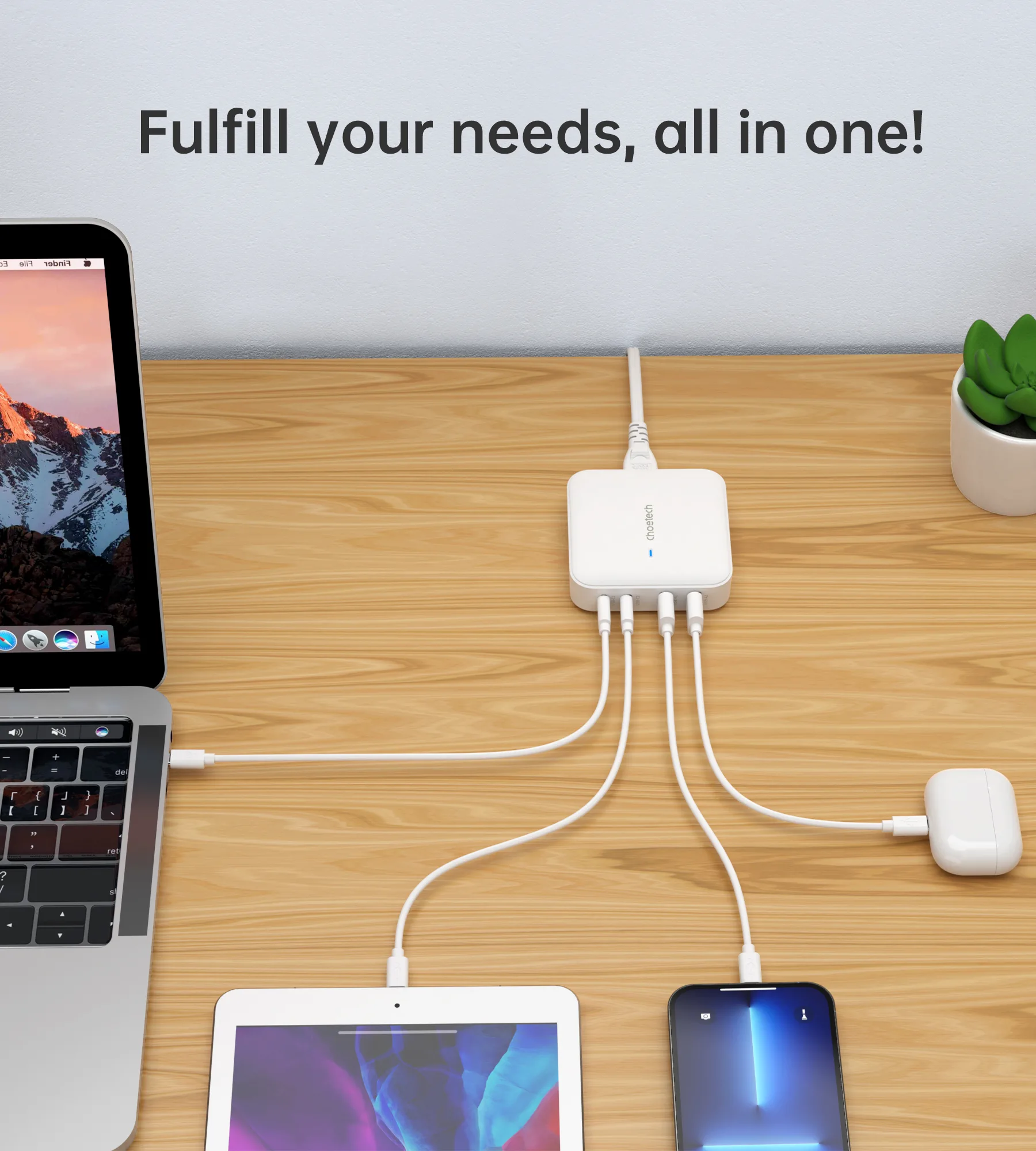 Зарядний пристрій Choetech PD 100W GaN desktop 2C+2A Charger White - Зображення 6