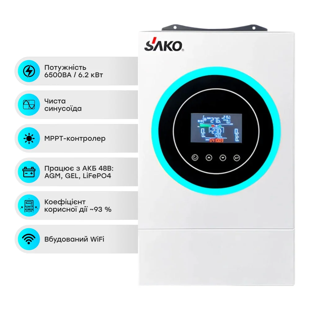Гібридний інвертор SUNON V 6.5KVA/6200W/48V+120A MPPT Sako - Зображення 2