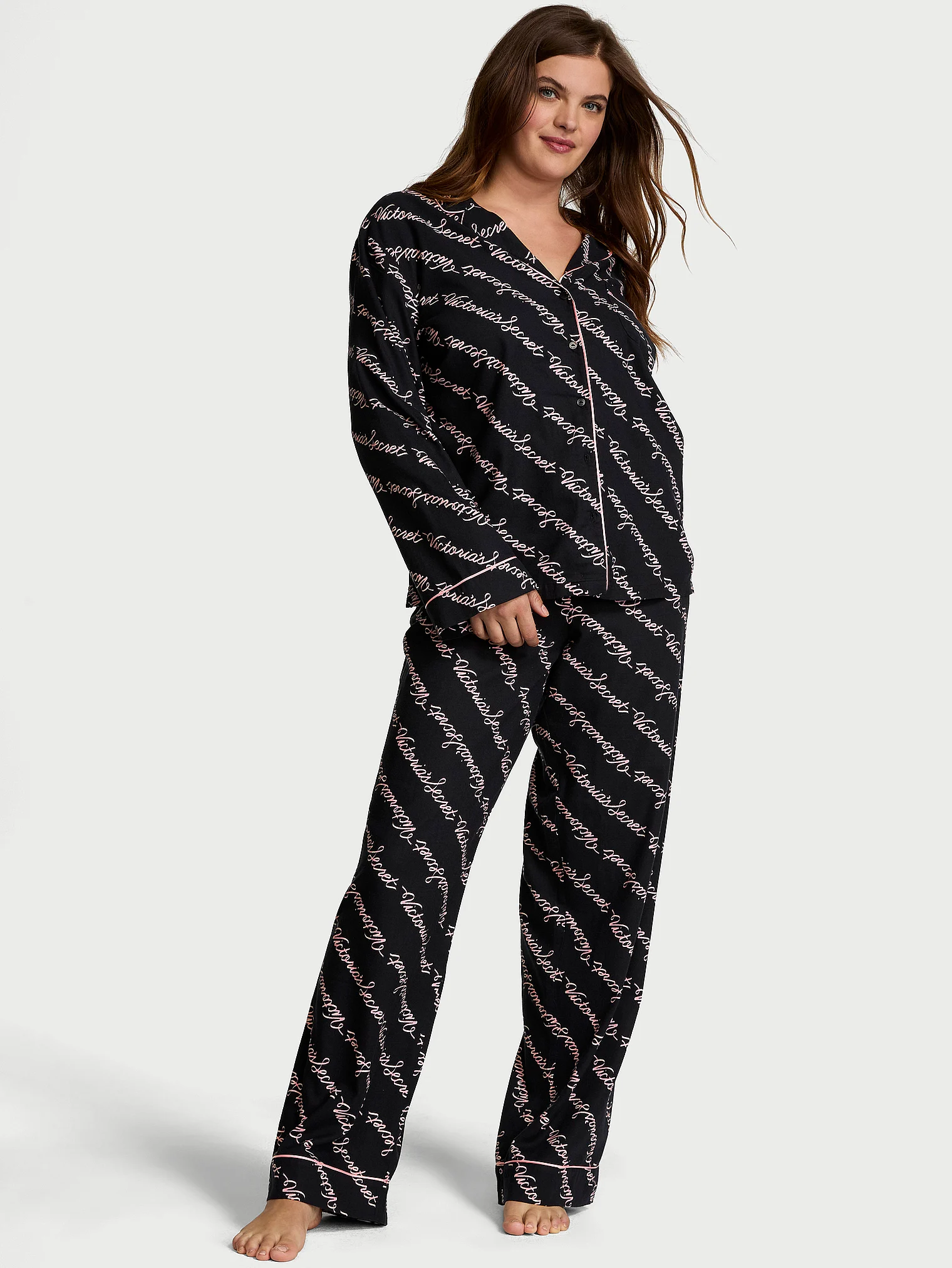 Піжама Flannel Long PJ Set зі штанами, чорна з розовим принтом, XS, Victoria's Secret