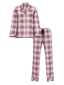 Піжама зі штанами Flannel Long PJ Set, рожева в чорну смужку, S, Victoria's Secret
