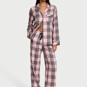 Піжама зі штанами Flannel Long PJ Set, рожева в чорну смужку, S, Victoria's Secret