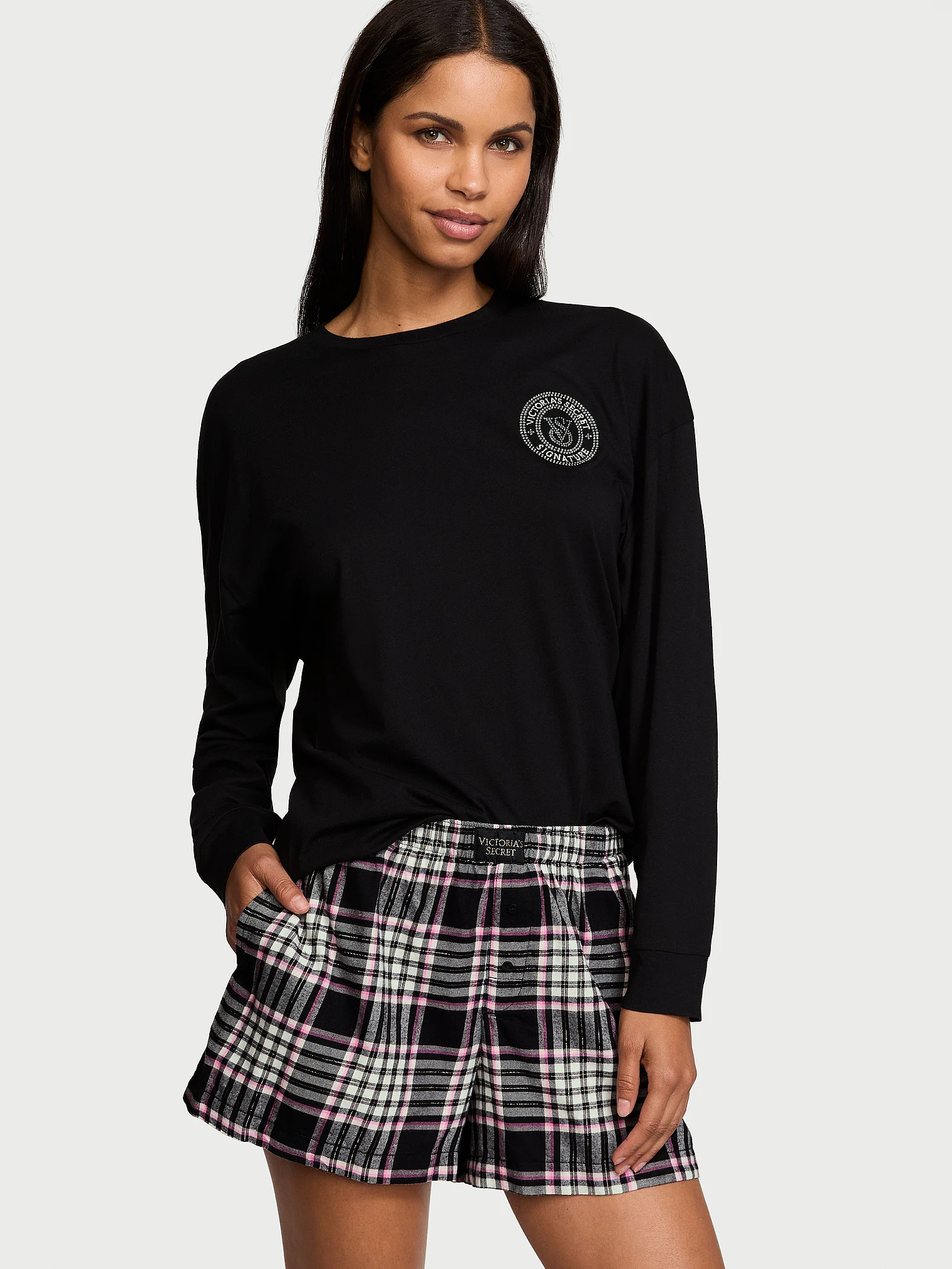Бавовняна піжама із шортами Short Tee-Jama Set, BLACK/PINK XIA PLAID, S, Victoria's Secret