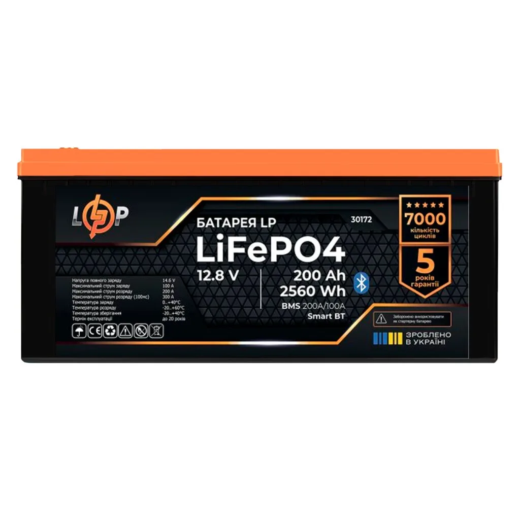 Акумулятор 200 Аг LP LiFePO4 12,8 В (2560 Wh, BMS 200A/100А) пластик Smart BT