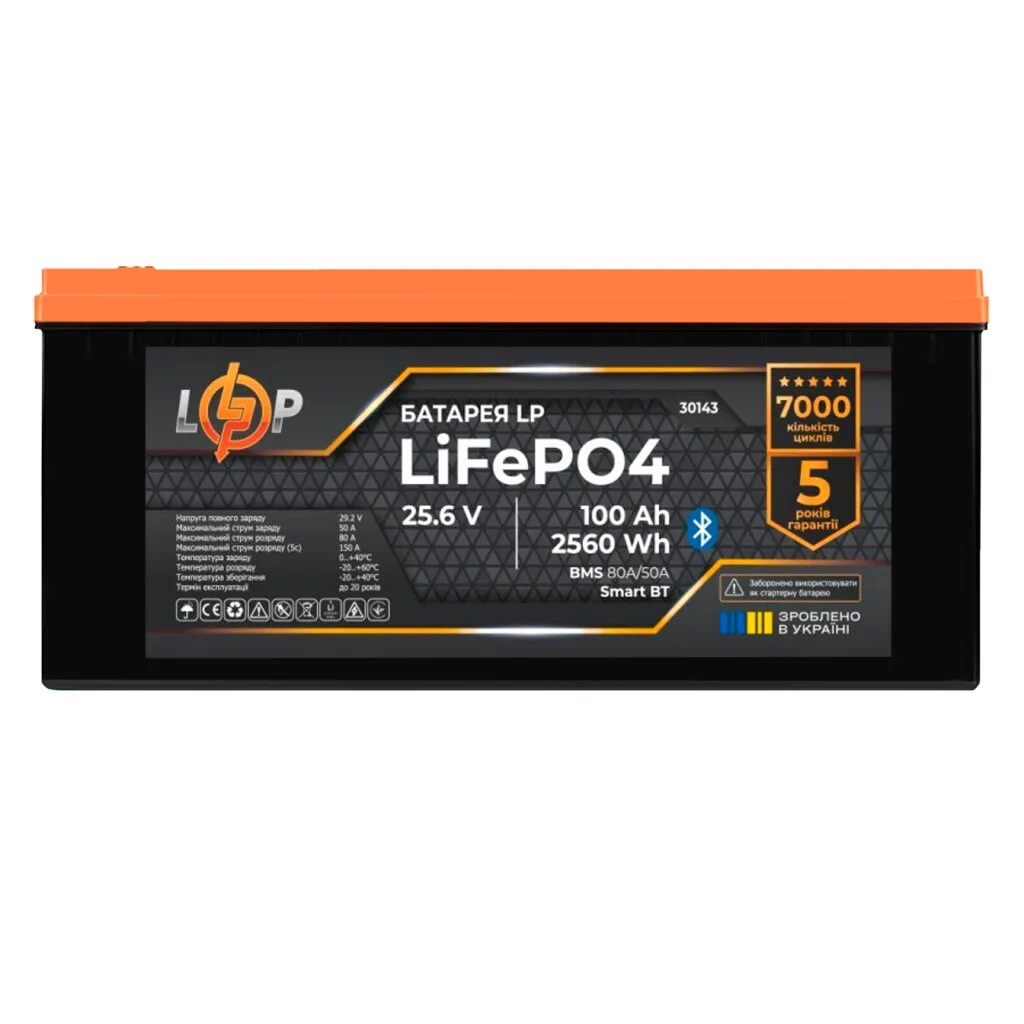 Акумулятор LiFePO4 25,6V - 100 Ah (2560Wh) (BMS 80А/50) пластик Smart BT, logicPower